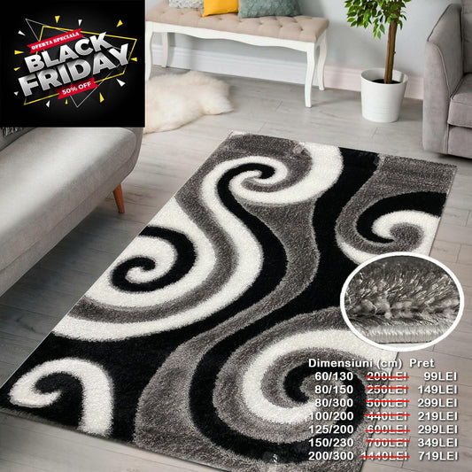 Covor Pufos cu Fir de Matase Si Bumbac 3D Tip Valuri,Gri/Negru