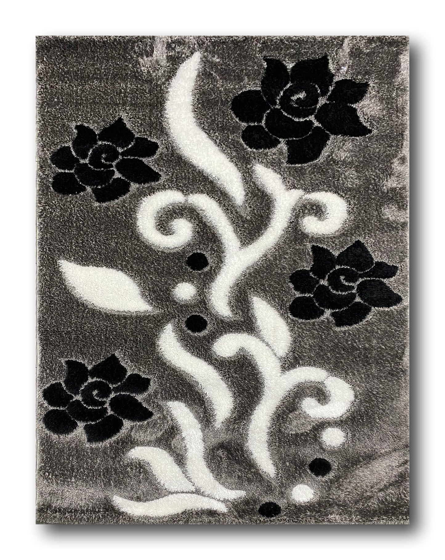 Covor Pufos cu Fir de Matase si Bumbac 3D tip Trandafiri,Gri/Alb/Negru