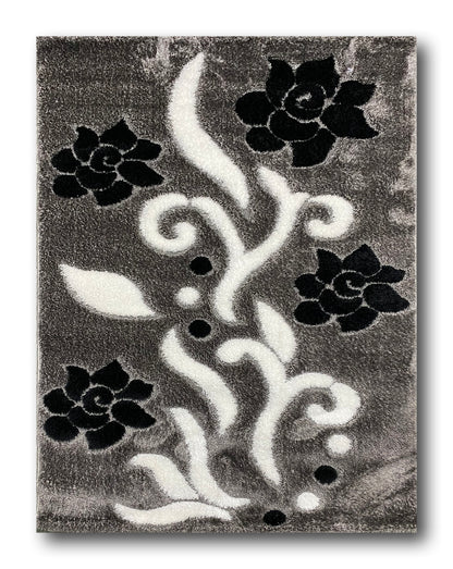 Covor Pufos cu Fir de Matase si Bumbac 3D tip Trandafiri,Gri/Alb/Negru