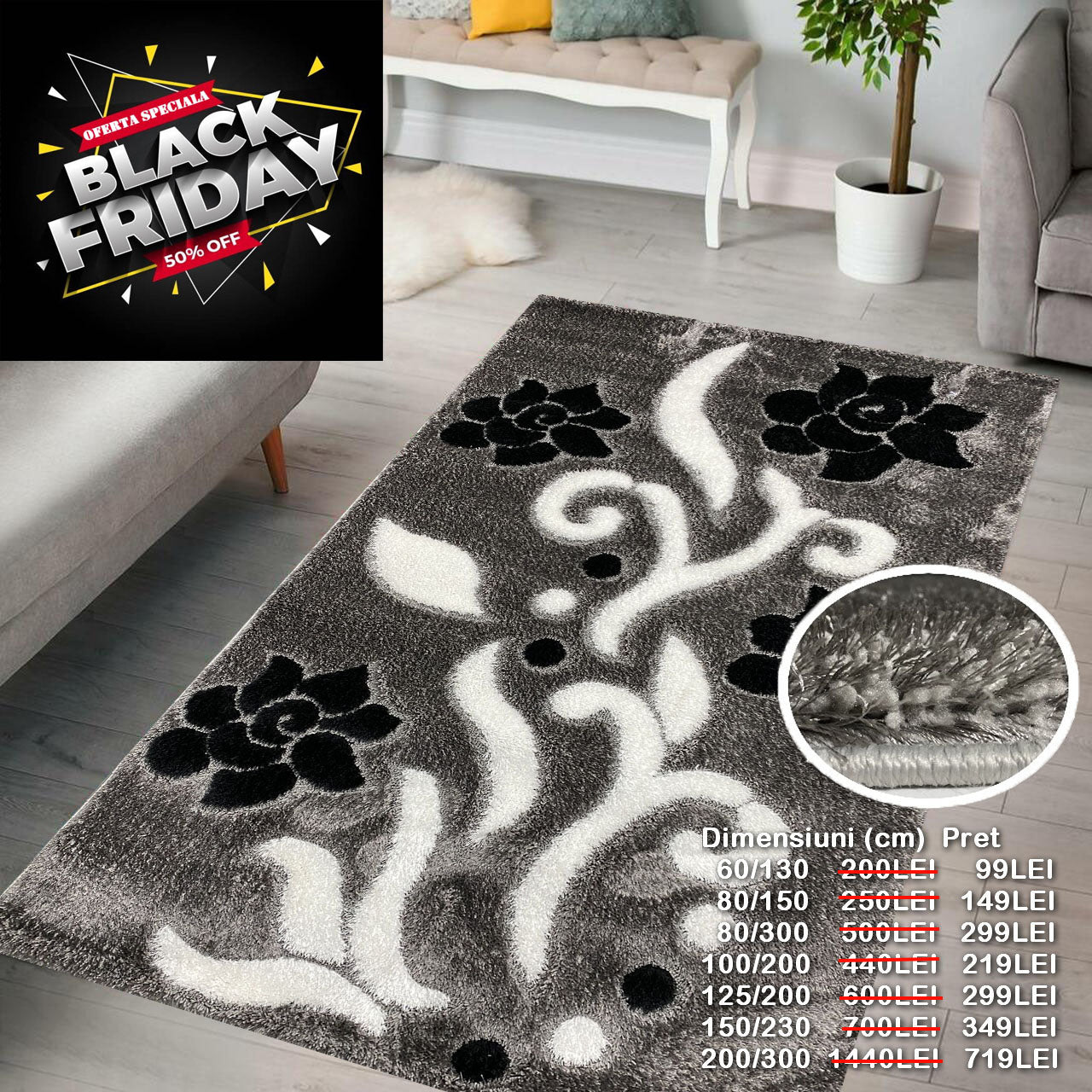 Covor Pufos cu Fir de Matase si Bumbac 3D tip Trandafiri,Gri/Alb/Negru