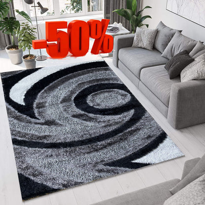 Covor Pufos cu Insertii tip Taifun,cu Fire de Matase Gri/Negru/Alb