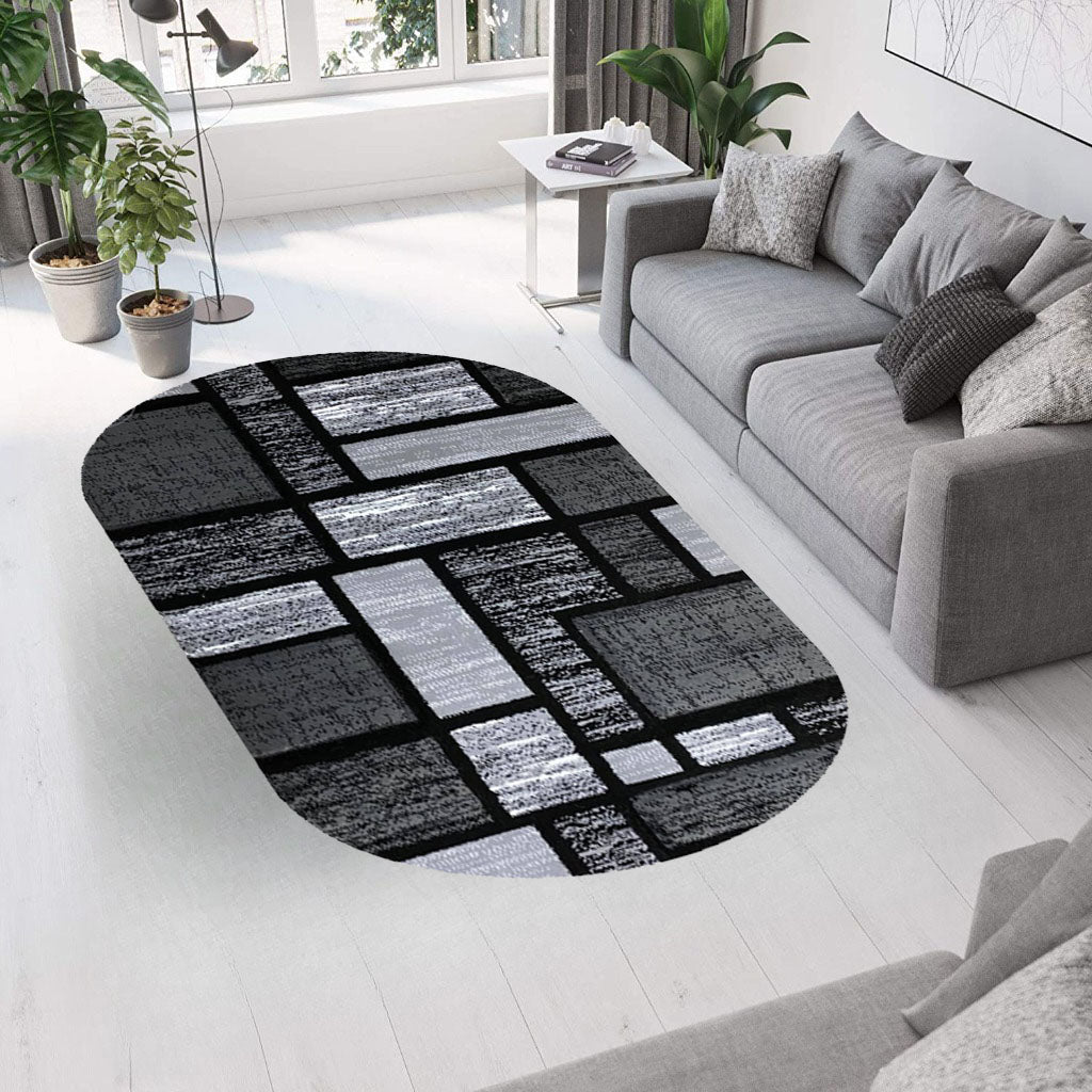 Covor cu Insertii Geometrice de Tip Patratele si Dreptunghiuri,Gri/Negru