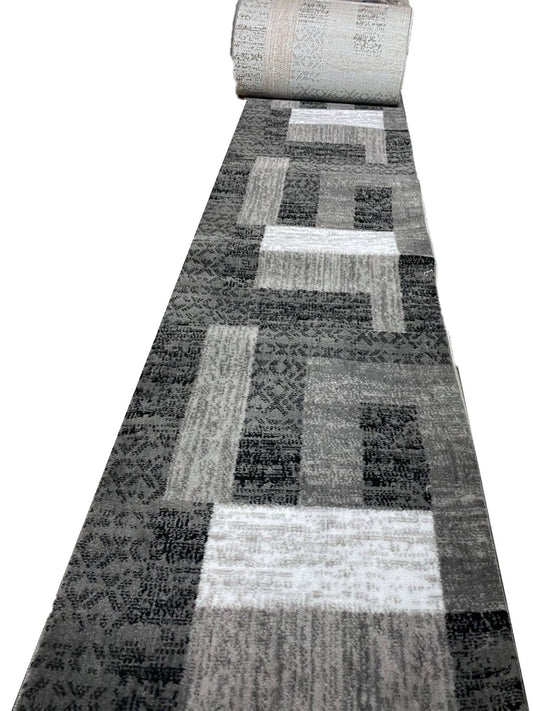 Traversa cu Insertii Geometrice tip Dreptunghiuri,Gri/Negru