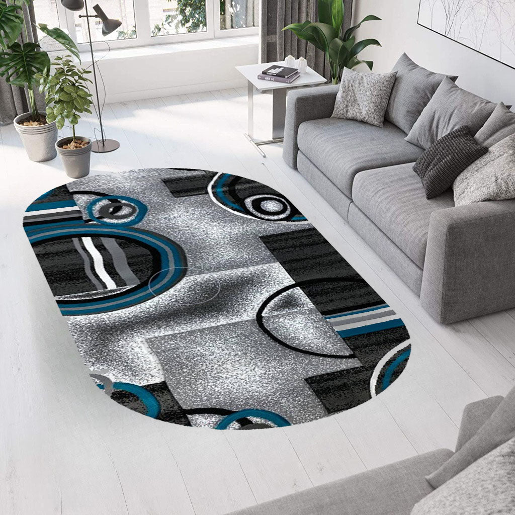Covor cu Insertii Geometrice Tip Cercuri ,Gri/Turqoise