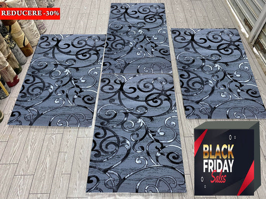 Set 3 Covoare Dormitor cu Insertii Florale tip  Crengute,Gri