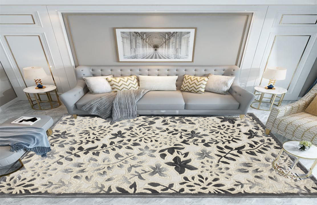 Covor cu Insertii Florale Tip Vita de Vie 3D,Gri/Bej