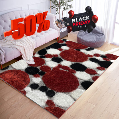 Covor Pufos cu Fir de Matase si Bumbac ,Grena/Alb/Negru/Gri