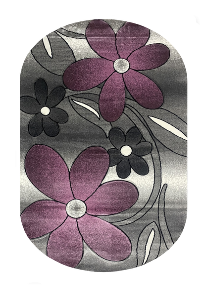 Covor cu Insertii Florale tip Margarete,Mov/Gri