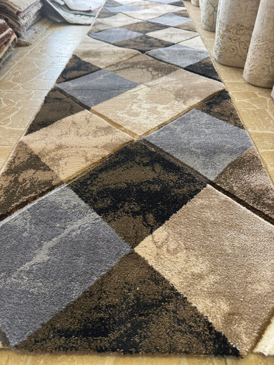 Traversa cu Insertii Geometrice Moderne tip Romburi, Crem/Maro/Gri