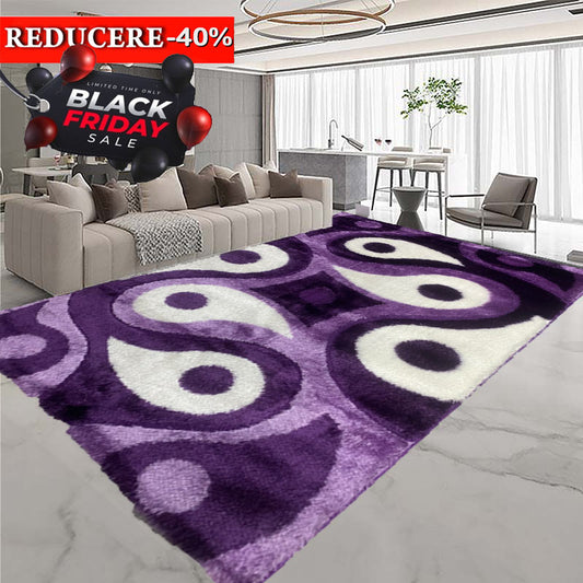 Covor Pufos cu Fir de Matase Tip Lacrima,Mov/Alb