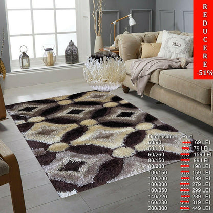 Covor Pufos cu fir lung de matase cu imprimeu geometric tip flori