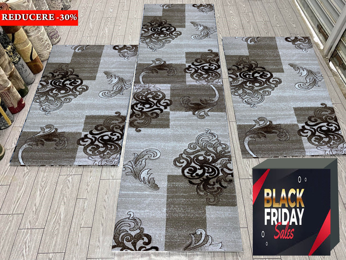 Set 3 Covoare Dormitor cu Insertii Florale tip  Baroc,Bej/Maro