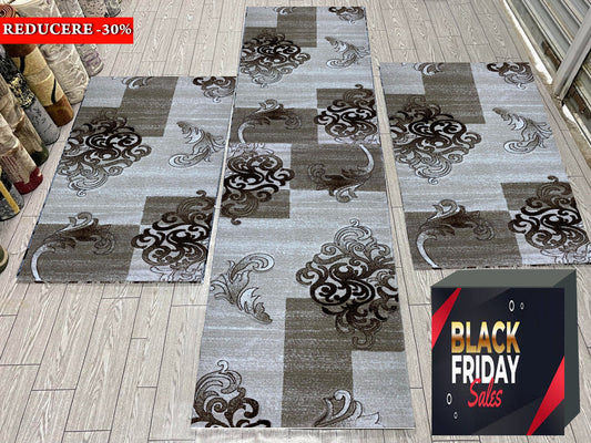 Set 3 Covoare Dormitor cu Insertii Florale tip  Baroc,Bej/Maro