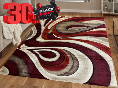 Covor cu Insertii de Pictura Moderna,Grena/Bej/Maro