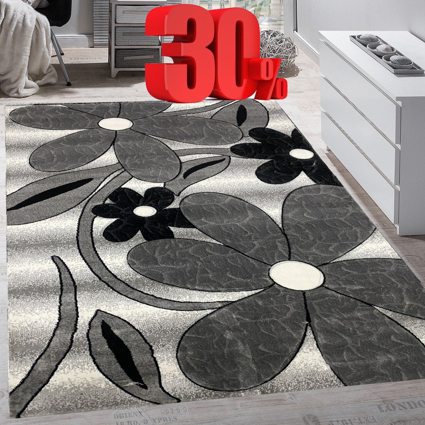 Covor cu Insertii Florale tip Margareta,Gri/Negru/Alb