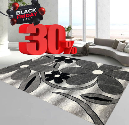 Covor cu Insertii Florale tip Margareta,Gri/Negru/Alb