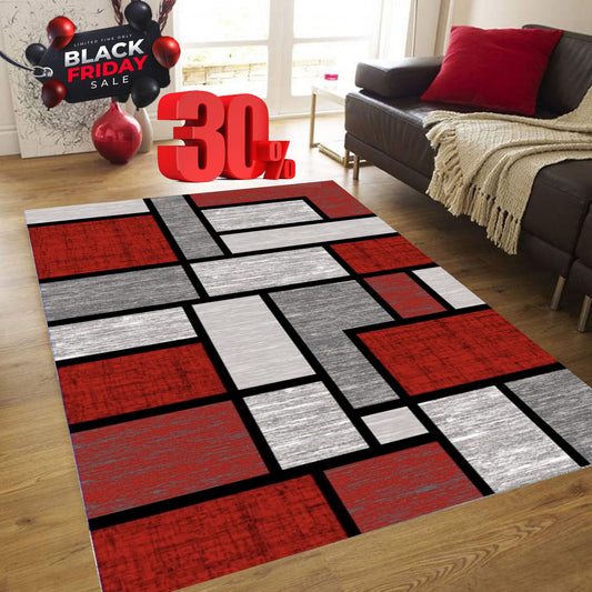 Covor cu Fir Scurt cu Insertii Geometrice tip Patrate,Rosu/Gri/Negru