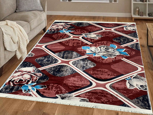 Covor Antiderapant Trandafir 3D ,Grena/Gri/Bleo