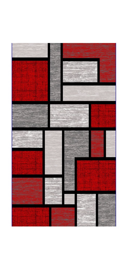 Covor cu Fir Scurt cu Insertii Geometrice tip Patrate,Rosu/Gri/Negru