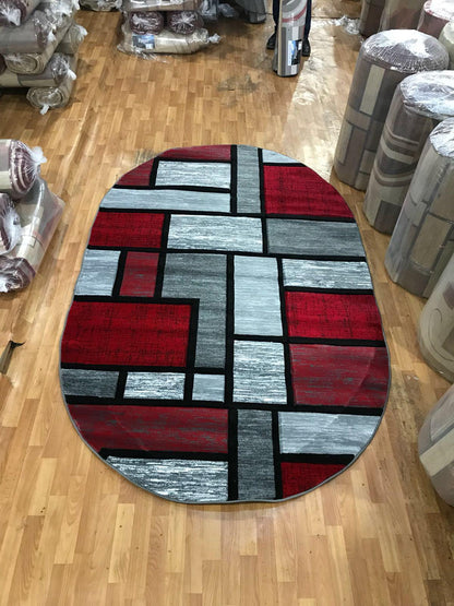 Covor cu Fir Scurt cu Insertii Geometrice tip Patrate,Rosu/Gri/Negru