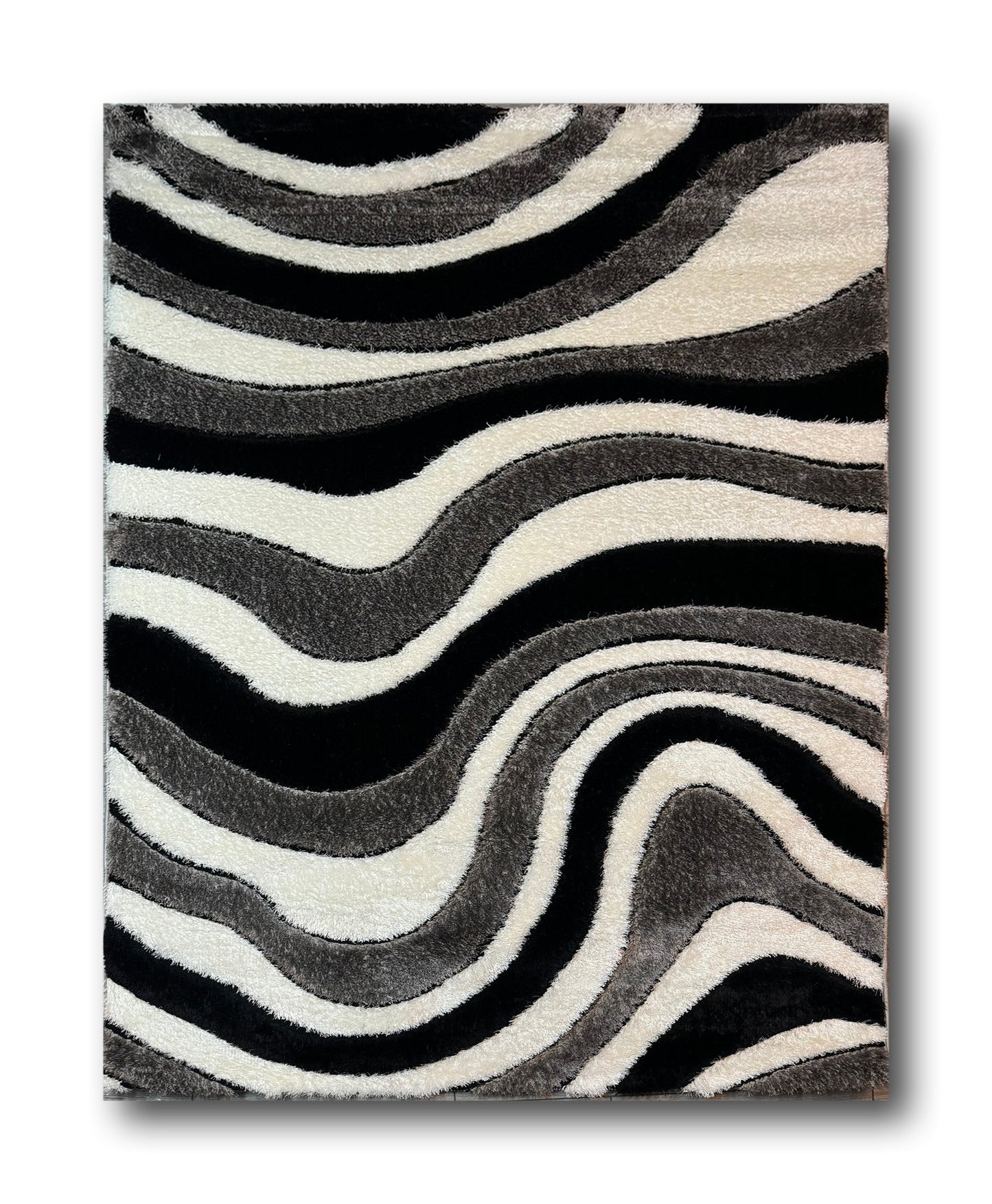 Covor Pufos 3D Tip Valuri,Gri/Negru/Alb
