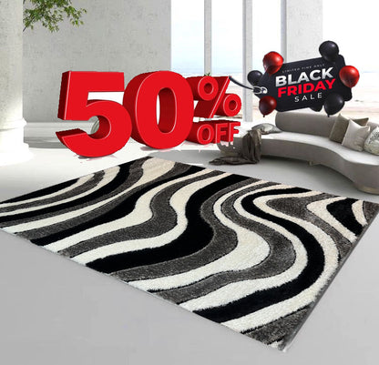 Covor Pufos 3D Tip Valuri,Gri/Negru/Alb