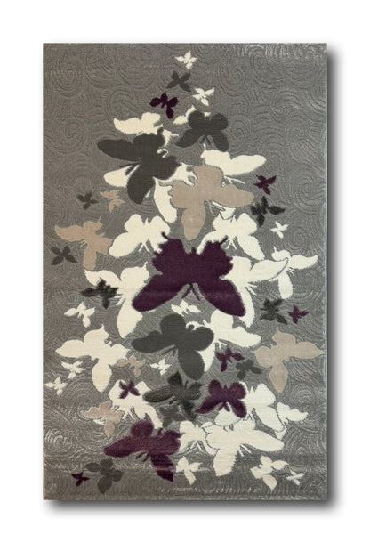Covor Modern cu Fluturasi,Gri/Crem/Mov