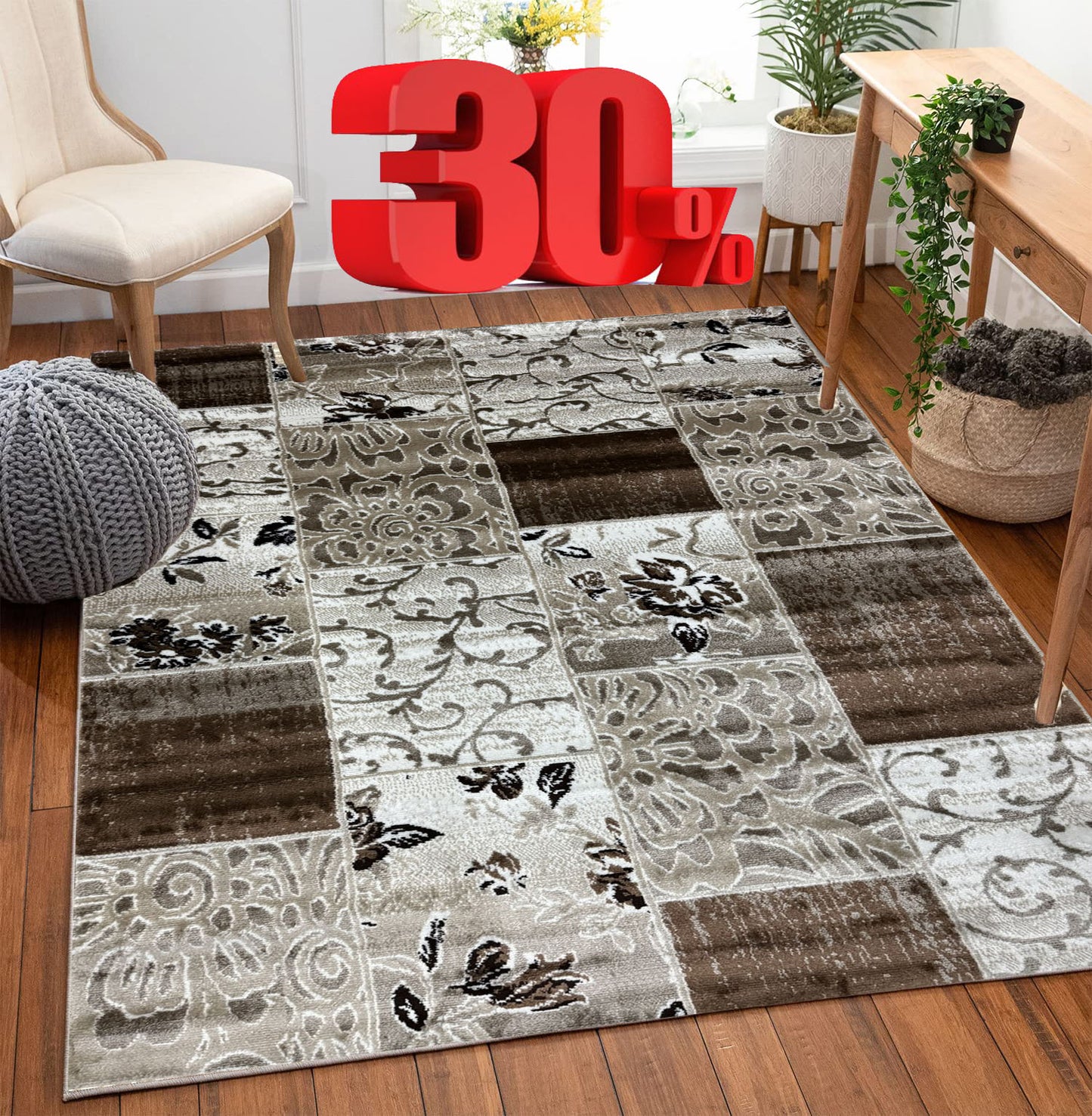 Covor cu Insertii Florale ,Crem/Bej