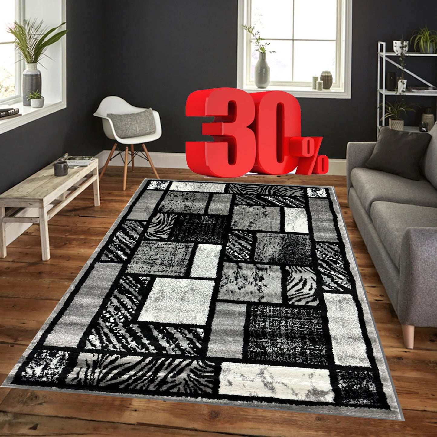 Covor cu Insertii Geometrice Tetris,Gri/Negru/Bej