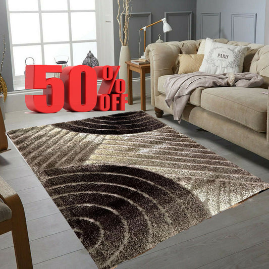 Covor Pufos de Matase si Bumbac Tip Cercuri,Bej/Maro