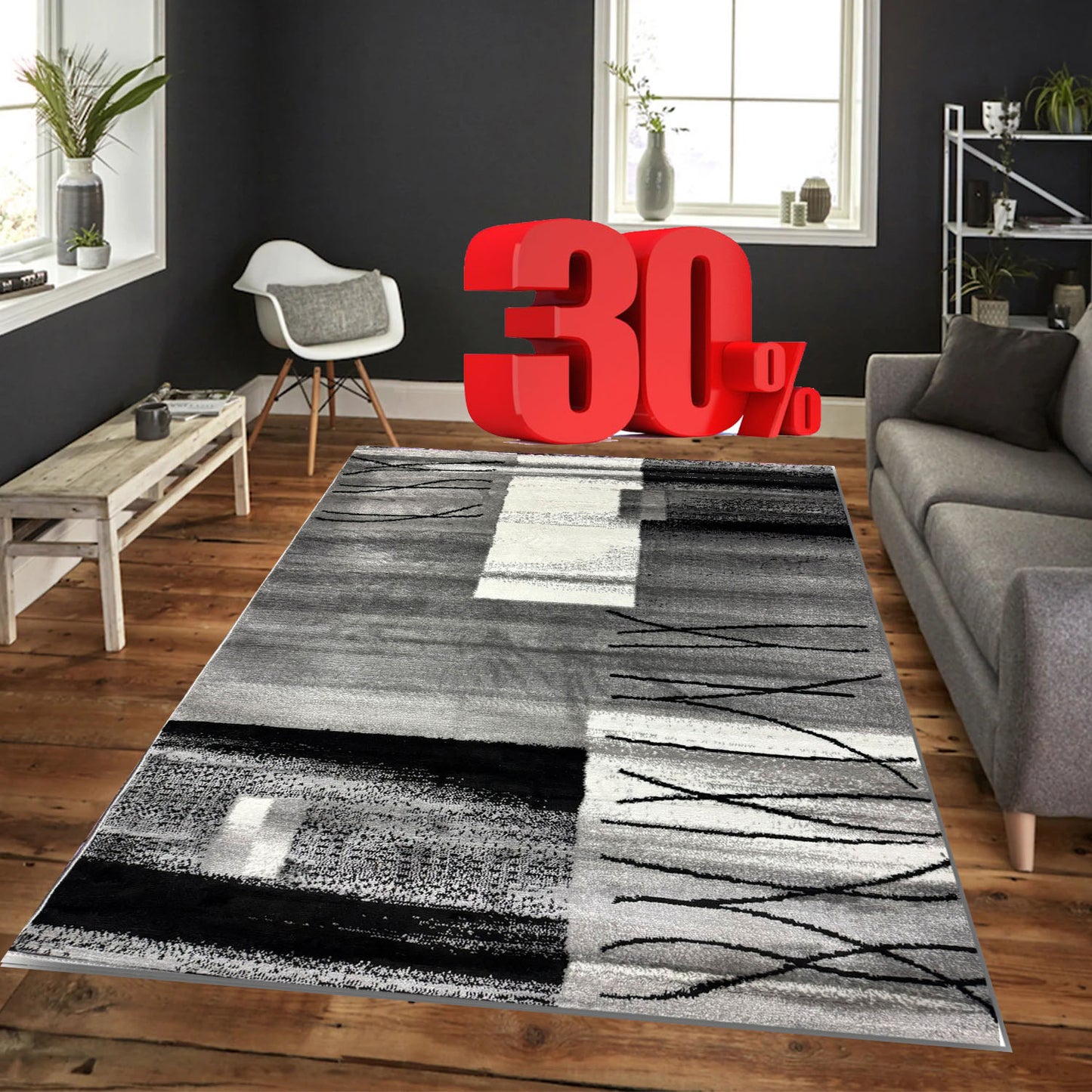 Covor cu Insertii Geometrice Tip Lini,Gri/Bej/Negri