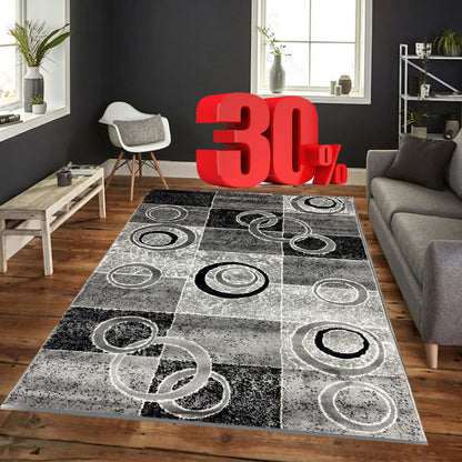 Covor cu Insertii Geometrice Tip Cercuri,Gri/Bej/Negru