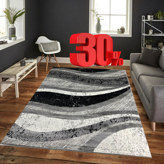 Covor cu Insertii Geometrice Tip Lini,Gri/Bej/Negru