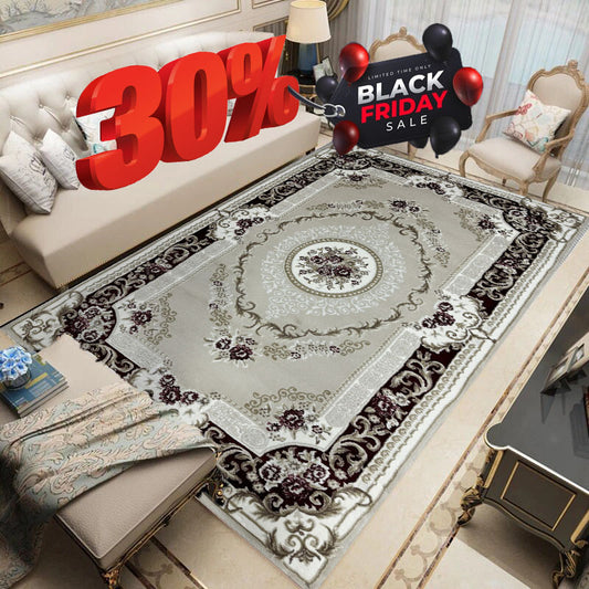 Covor Premium Stil Clasic Cu Medalion si Insertii Florale ,Bej/Grena