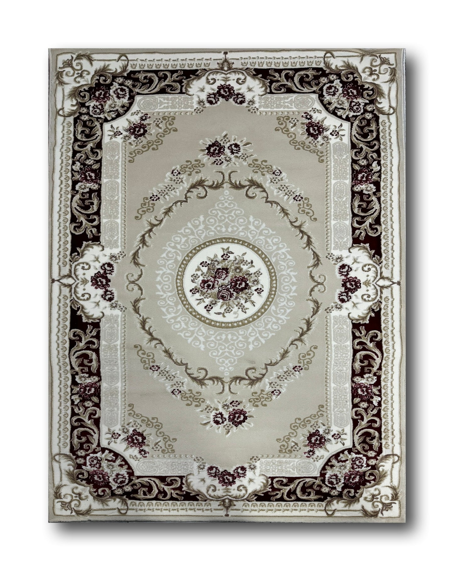 Covor Premium Stil Clasic Cu Medalion si Insertii Florale ,Bej/Grena