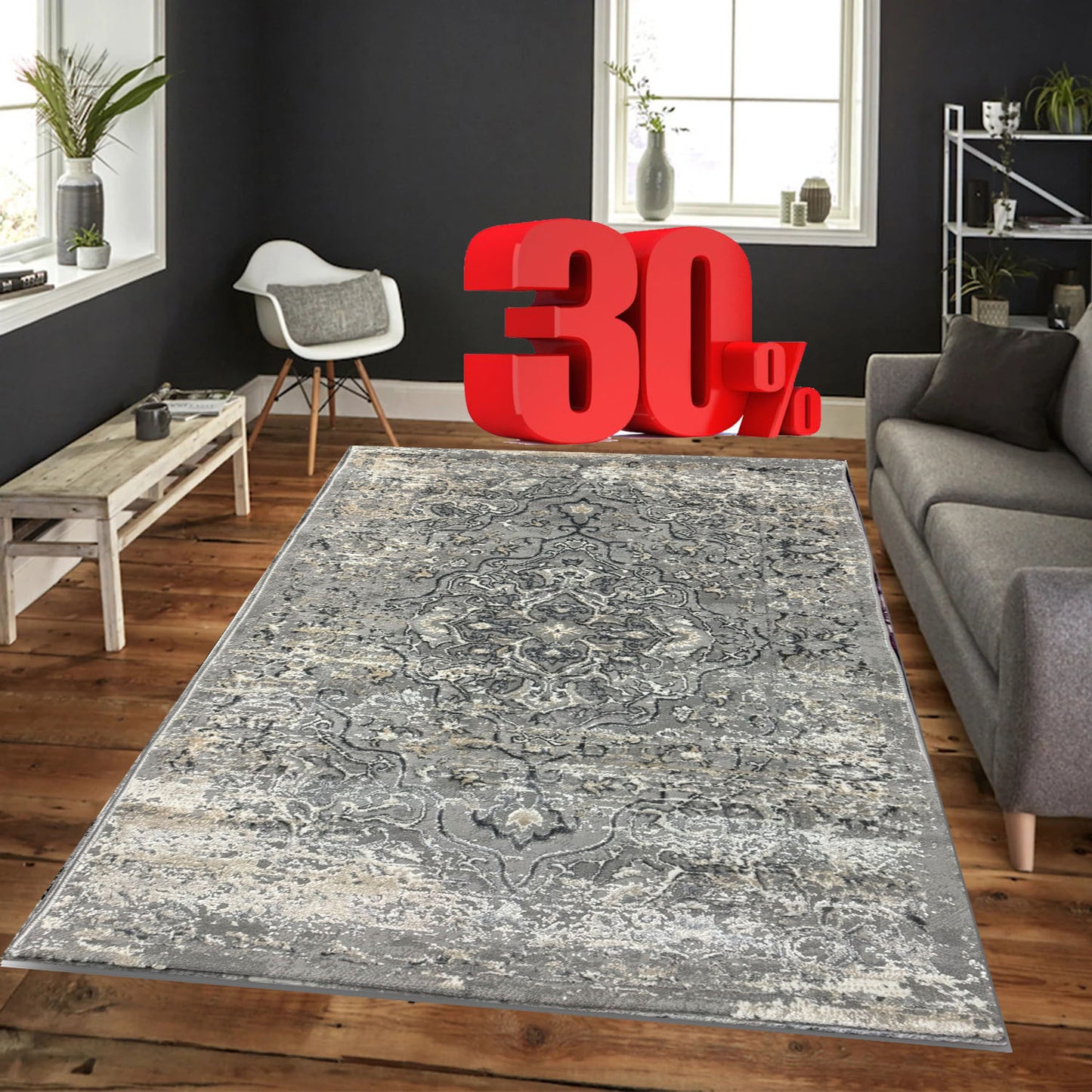 Covor Premium Model Clasic cu Medalion si Floricele,Gri/Bej