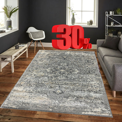 Covor Premium Model Clasic cu Medalion si Floricele,Gri/Bej