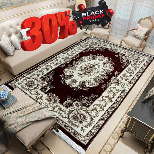 Covor Premium Stil Clasic Cu Medalion si Insertii Florale ,Grena/Bej