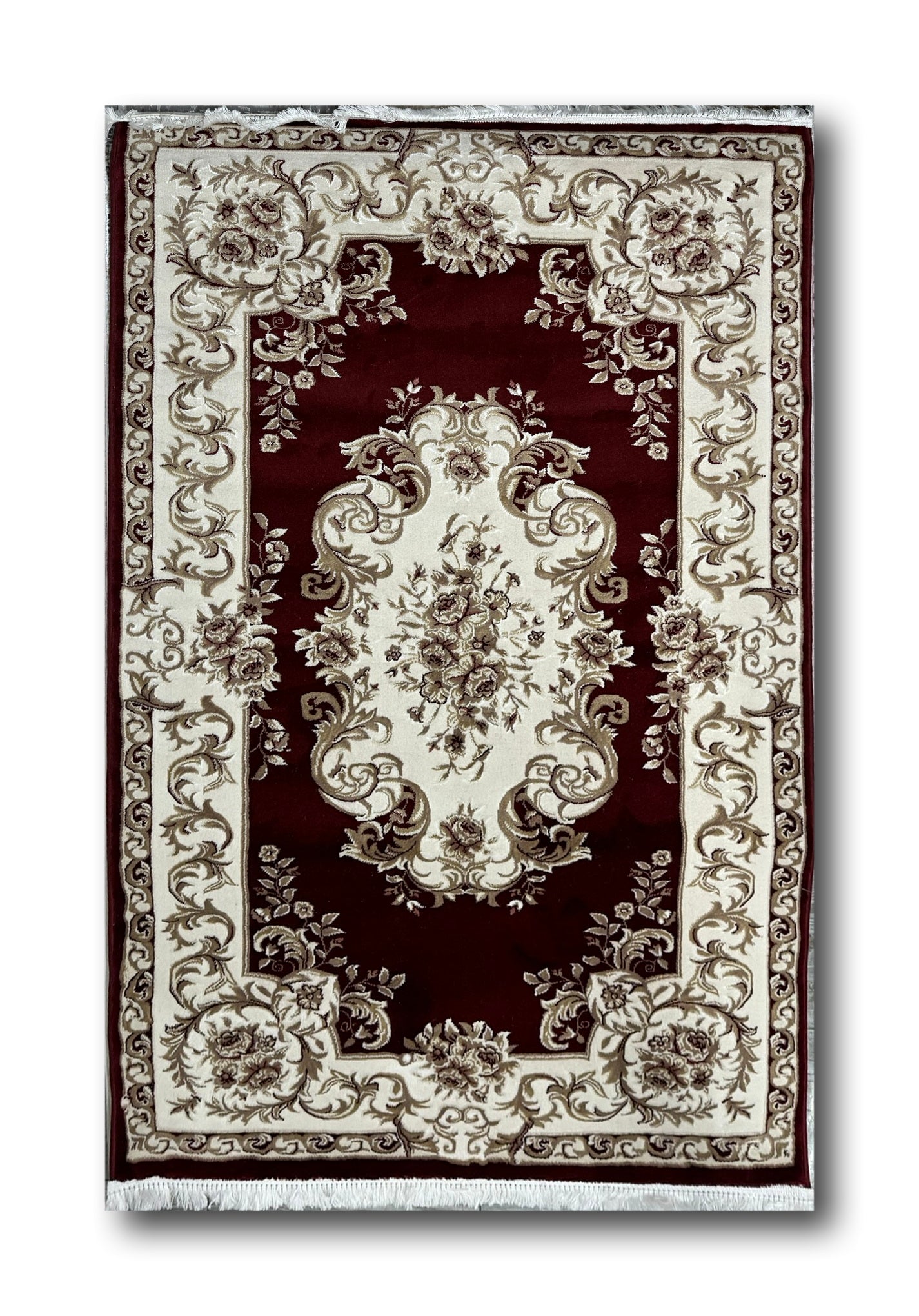 Covor Premium Stil Clasic Cu Medalion si Insertii Florale ,Grena/Bej