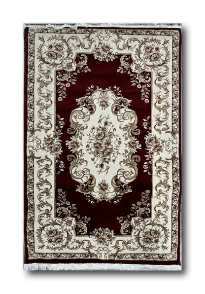 Covor Premium Stil Clasic Cu Medalion si Insertii Florale ,Grena/Bej