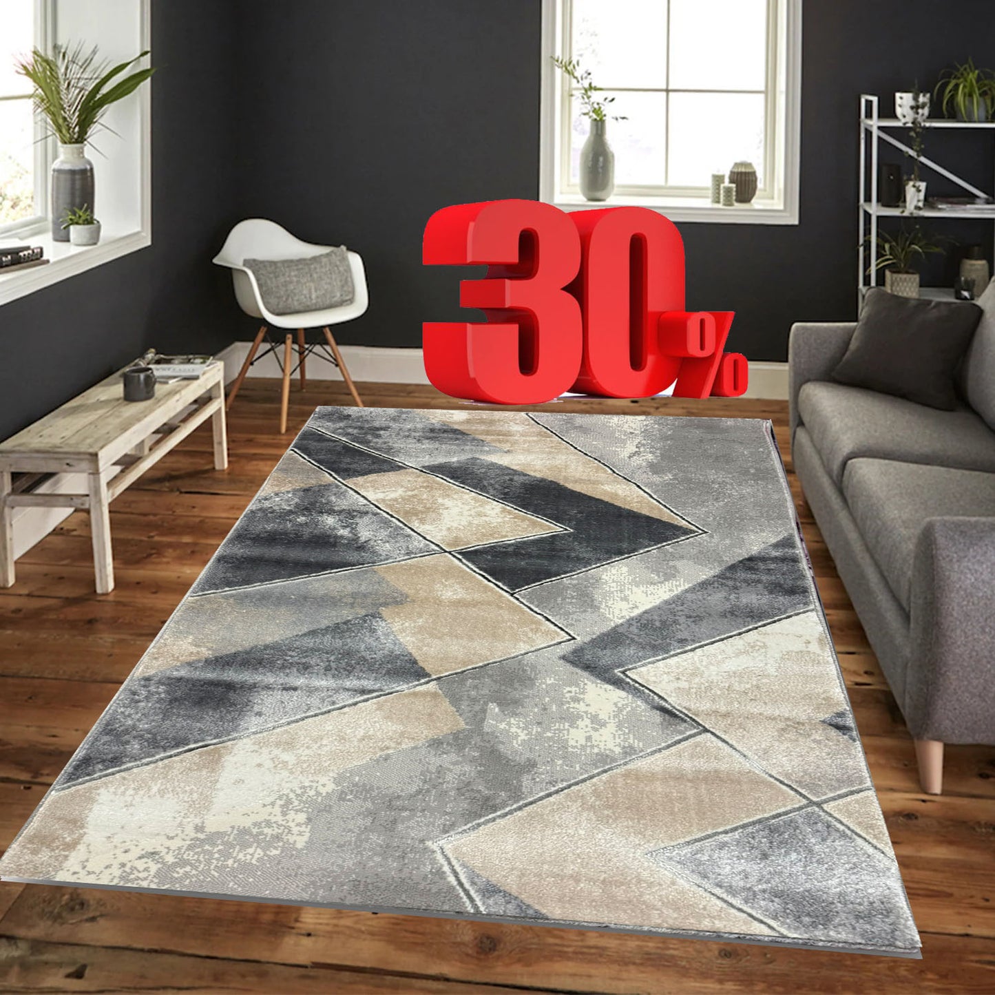 Covor Premium Model Modern cu Dreptunghiuri si Lini,Gri/Bej