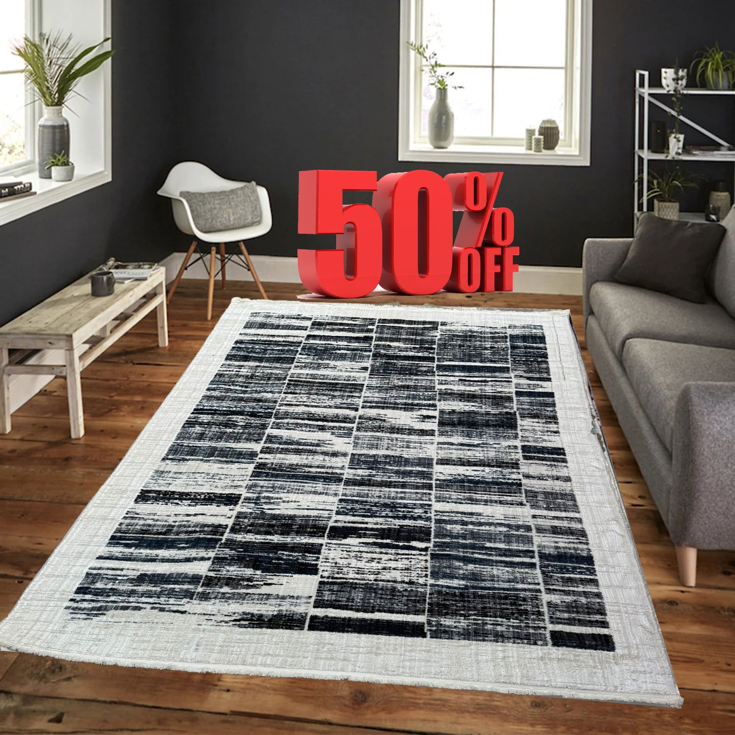 Covor cu Insertii Geometrice in Chenar si Franjuri ,Crem/Gri/Indigo