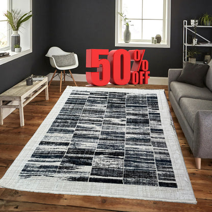 Covor cu Insertii Geometrice in Chenar si Franjuri ,Crem/Gri/Indigo