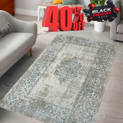 Covor Premium cu Insertii Tip Hena , Turqoise/Crem