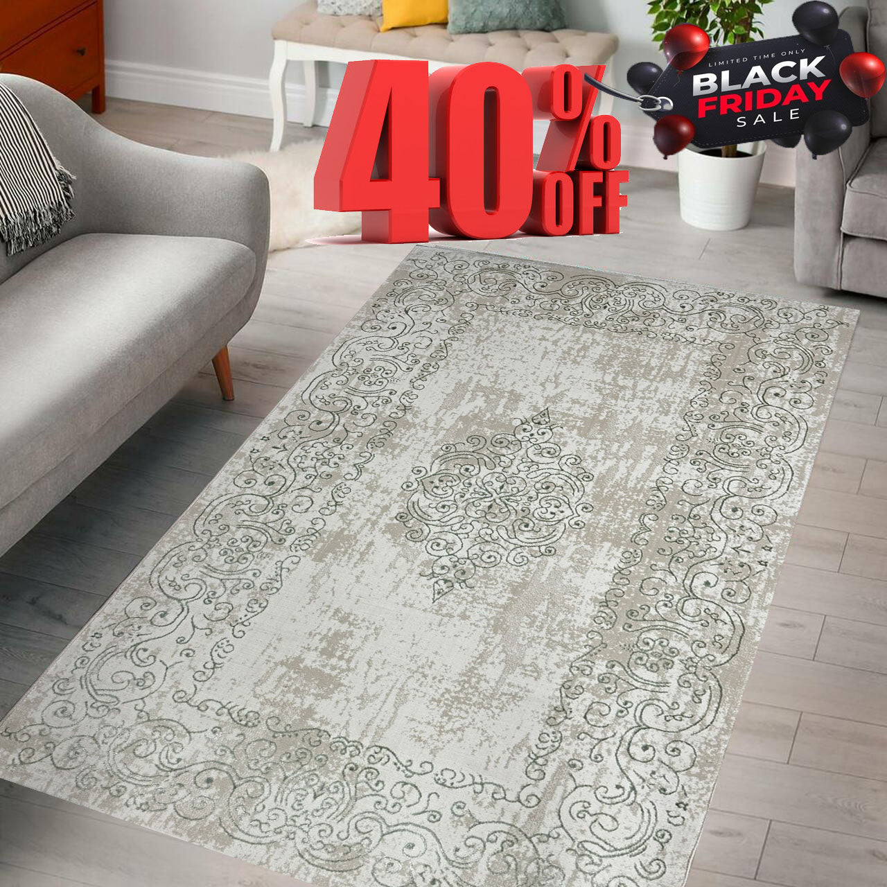 Covor Premium cu Insertii tip Hena,Verde/Crem