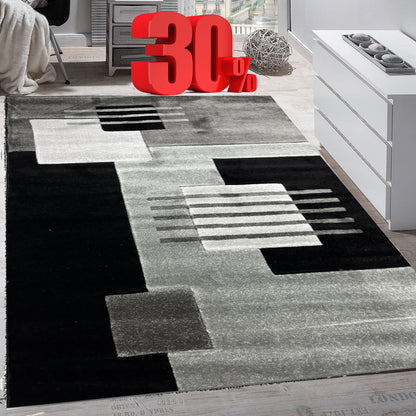 Covor 120x170 cm cu Insertii Geometrice Tip Patrate,Gri/Bej/Negru