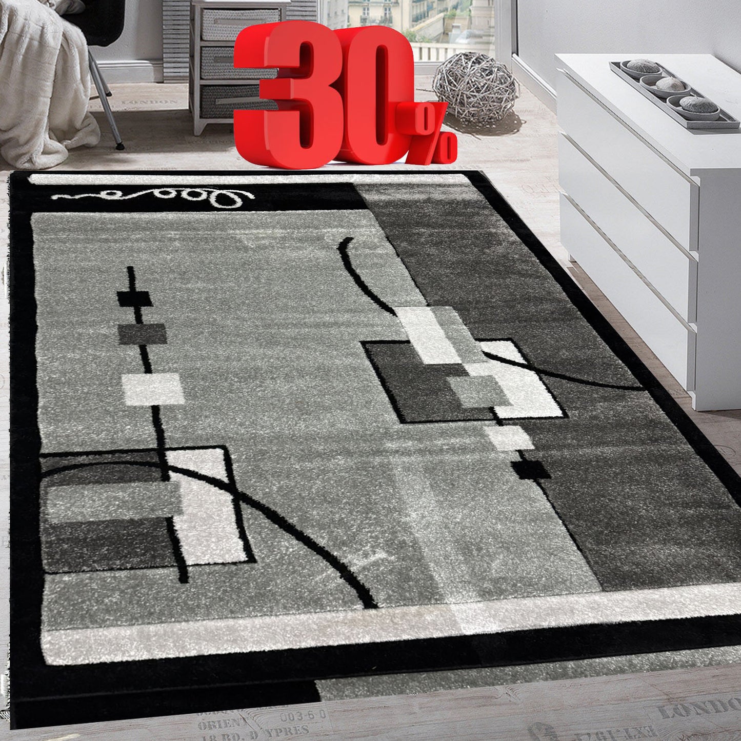 Covor 120x170 cm cu Insertii Geometrice Tip Patrate si Curbe,Gri/Negru/Bej