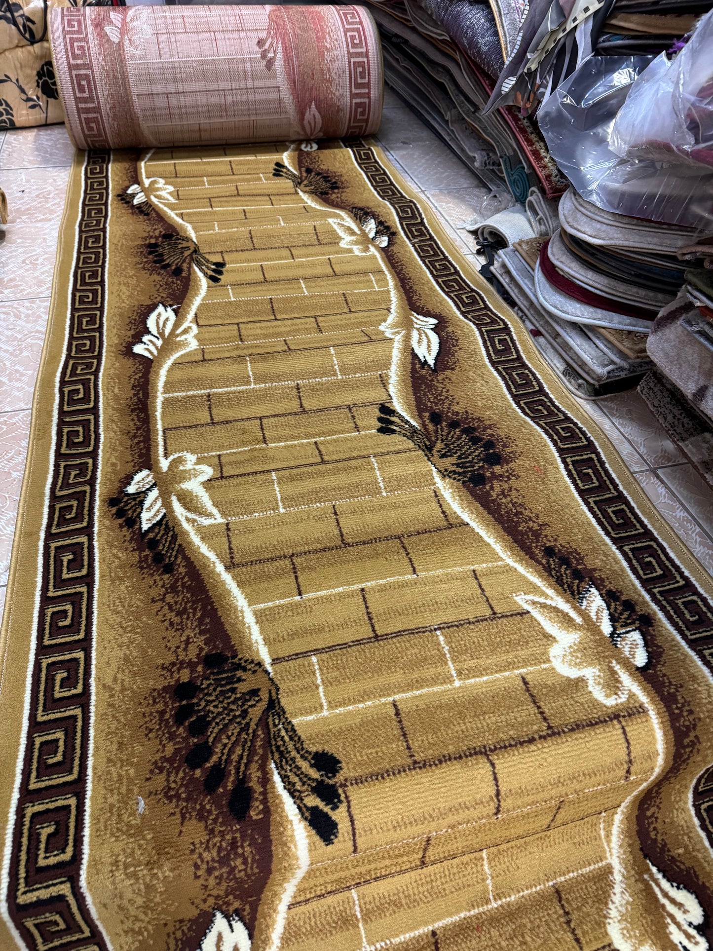 Traversa cu Insertii Florale și Chenar,Bej/Maro/Negru