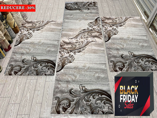 Set 3 Covoare Dormitor  cu Insertii Florale tip Lalea,Bej/Maro