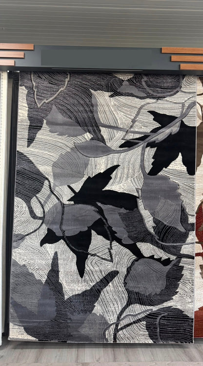 Covor Living Cu Inserții Florale tip Frunze Monalisa , Gri/Negru